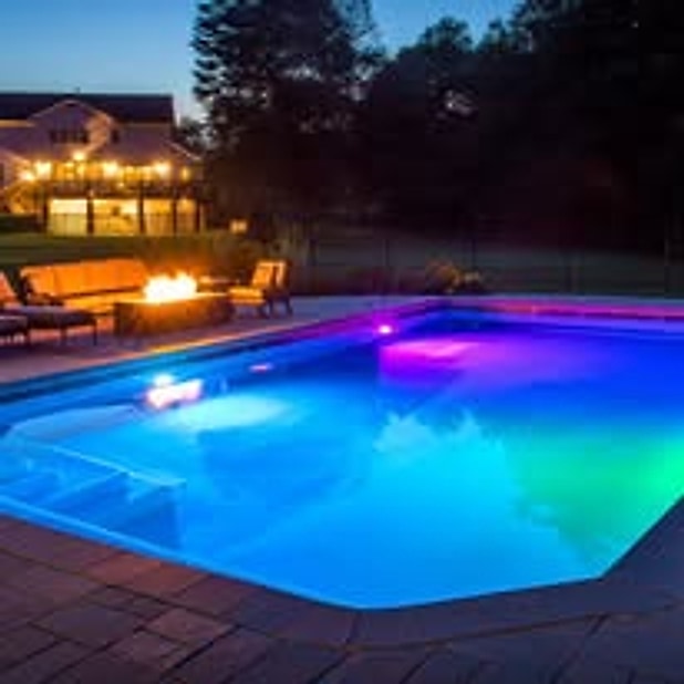 Colorful pool lighting at dusk